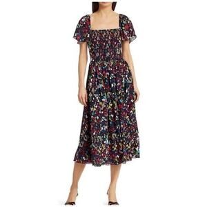 Tanya Taylor Large Glenda Floral Silk Flutter Smocked Square-Neck Midi Dress T5